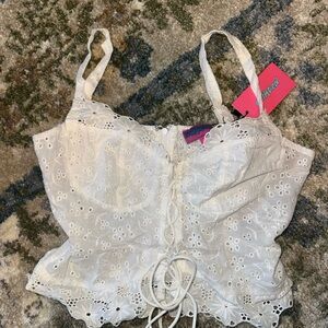 Edikted White Lace-Up Eyelet Crop Top